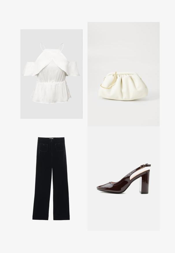 Top blanco sin hombros con mangas de volantes, tejido texturizado, cintura ceñida y dobladillo acampanado. Tirantes finos ajustables.; Pantalones de terciopelo negro de pierna ancha con dos bolsillos traseros y una textura suave, con un corte recto y un acabado dobladillo en los tobillos.; Zapato de tacón alto slingback de color marrón oscuro brillante, con correa en el tobillo, hebilla redondeada, puntera puntiaguda y tacón de bloque.; Bolso de mano de cuero blanco con un diseño recogido, cuenta con una cadena dorada y forma redondeada. Textura suave con pliegues suaves y sin patrones.