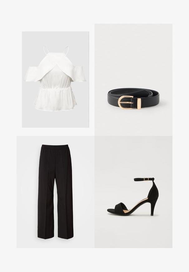 Witte off-shoulder top met gefronkle mouwen, textuurstof, getailleerde taille en een uitlopende zoom. Dunne verstelbare spaghettibandjes.; Zwarte wijde broek met een geplooid ontwerp, elastische tailleband en zachte stoftextuur. Geschikt voor verschillende gelegenheden.; Zwarte suède hoge hak sandalen met een open teen, enkelband met gouden gesp, en een gebogen silhouet. Platte zool met een gestructureerde afwerking.; Zwarte leren riem in een spiraalvorm met een gepolijste goudkleurige ronde gesp en bijpassende lus op een witte achtergrond.
