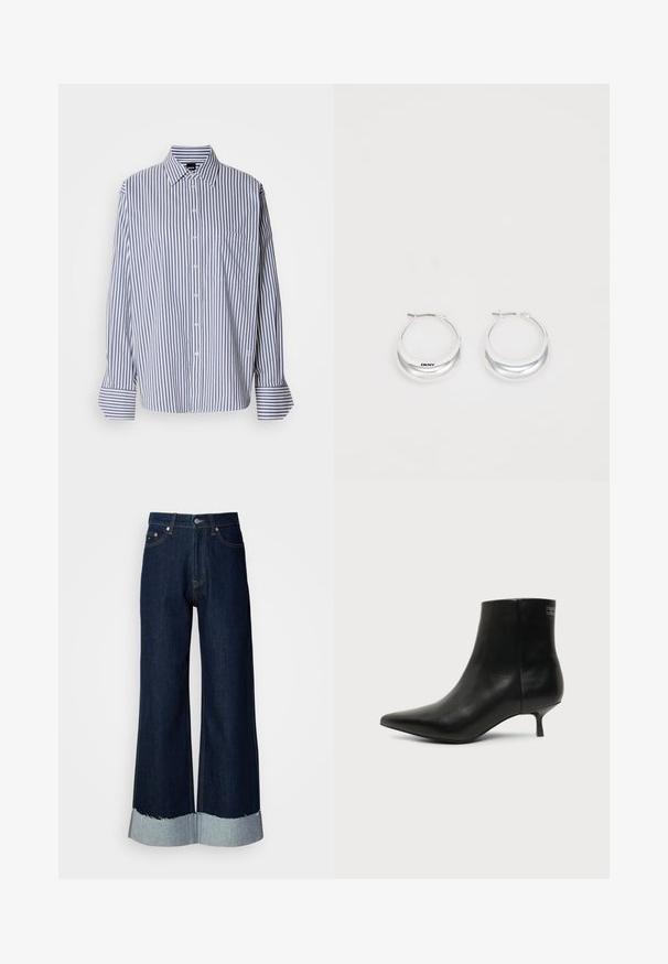 Beskåret stribet skjorte i blå og hvid bomuld med lange ærmer, krave, en brystlomme og en buet kant.; Vide ben mørke denim jeans med en frynset, lys denim kant. Har klassisk fem-lomme stil og metalhardware i taljen.; Sort læder ankelstøvle med spids tå og lav kitten hæl på lys baggrund, der viser yderside.; Sølv hoops øreringe med en poleret overflade og DKNY branding, præsenteret mod en simpel hvid baggrund.
