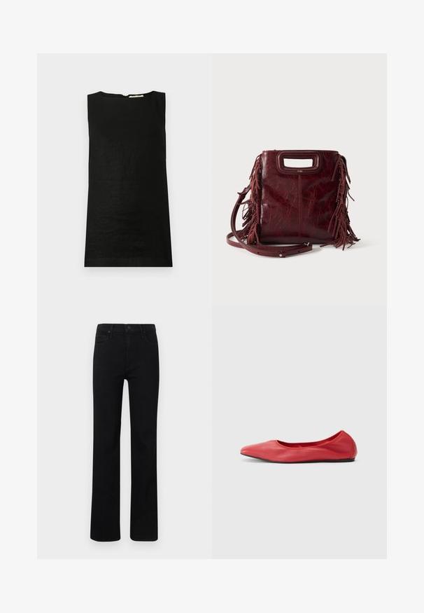 Ærmeløs sort top lavet af et let materiale. Har en rund halsudskæring og en skjult lynlås i ryggen til lukning.; Sorte denimjeans med et lige ben-design, der har forlommer og knaplukning. Glat tekstur med et klassisk og alsidigt udseende.; Filippa K REY FLATS - Ballerinasko - bright red; Firkantet burgunderfarvet læderhåndtaske med udskåret håndtag, sideskvaster og justerbar skulderrem på ensfarvet baggrund.