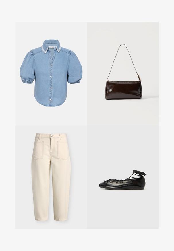 Lyseblå denim kortærmet skjorte med puffede ærmer, blondebesat krave og knaplukning foran. Blød tekstur med afrundet kant.; Beige bukser med høj talje, forlommer med lap, bæltestropper, knaplukning og lige bensnit.; Sorte balletflade sko i laklæder med rundet tå, snørelukning og flad sål. Glat tekstur med få detaljer.; Mørkebrun rektangulær læder skuldertaske med en enkelt tynd rem og spænde i guldton på en ensfarvet baggrund.