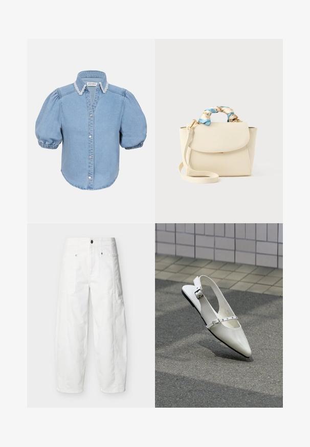 Lyseblå denim kortærmet skjorte med puffede ærmer, blondebesat krave og knaplukning foran. Blød tekstur med afrundet kant.; Hvide bukser med vidde ben, frontlommer med påsyet lommer, knaplukning og synlige sømdetaljer, vist på en ensfarvet baggrund.; Hvid spids slingback flad sko med to sølvspænder, vist udendørs på tekstureret underlag og flisebelagt væg baggrund.; Cremefarvet håndtaske med klaplukning, aftagelig skulderrem og snoet blå og cremefarvet blomstret stof viklet omkring det øverste håndtag.
