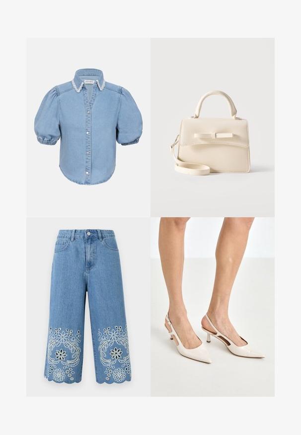 Hellblaues Denim-Hemd mit kurzen Ärmeln, puffierten Ärmeln, einem mit Spitze verzierten Kragen und durchgehender Knopfleiste. Weicher Stoff mit abgerundetem Saum.; Hellblaue Jeansshorts mit floraler Cut-out-Stickerei und geschwungenen Säumen, ausgestattet mit Fronttaschen und einem Knopfverschluss.; Beige Lackleder Slingback-Absätze mit spitzem Fuß und 5 cm Absatz, mit ausgeschnittenen Seiten und einem schmalen Knöchelriemen.; Kleine beige Handtasche mit Tragegriff oben, abnehmbarem Riemen, vorderer Klappe und dekorativer horizontaler Schleife vor einfarbigem Hintergrund.
