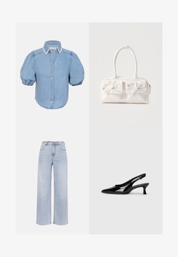 Chemise en denim bleu clair à manches courtes avec des manches bouffantes, un col bordé de dentelle et un devant à boutons. Texture douce avec un ourlet arrondi.; Jean large taille haute bleu clair avec bouton et fermeture éclair à l'avant, deux poches avant et deux poches arrière, et ourlet brut.; Escarpins en cuir verni noir avec un bout pointu et un petit talon carré. Sangle réglable à la cheville avec boucle.; Sac à main synthétique blanc avec deux poches avant, chacune ornée d'un nœud noué. Texture lisse, anses arrondies et fermeture zippée.