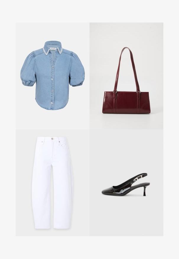 Hellblaues Denim-Hemd mit kurzen Ärmeln, puffierten Ärmeln, einem mit Spitze verzierten Kragen und durchgehender Knopfleiste. Weicher Stoff mit abgerundetem Saum.; Schlichte weiße Jeans mit geradem Bein, Vordertaschen, Gürtelschlaufen und Knopfverschluss in der Taille vor hellem Hintergrund.; Schwarzer Slingback-Schuh aus Lackleder mit spitzer Zehenpartie, silberner Schnalle und mittelhohem Kitten-Heel auf hellem einfarbigem Hintergrund.; Burgunderfarbene Handtasche aus glänzendem Material, rechteckige Form, mit zwei Schulterriemen und subtilen, geschwungenen Akzenten an der Vorderseite.