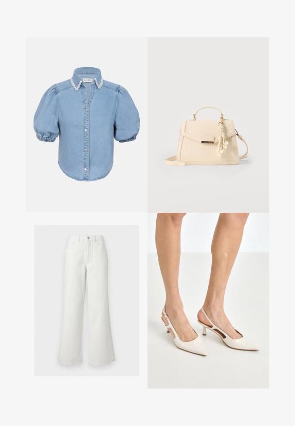 Lyseblå denim kortærmet skjorte med puffede ærmer, blondebesat krave og knaplukning foran. Blød tekstur med afrundet kant.; Hvide jeans med høj talje og vide ben, foran lommer, bæltestropper, knaplukning og dekorativ snøredetalje på siderne af begge ben.; Beige patenterede læder slingback hæle med spids tå og 5 cm hæl, med udskårne sider og en tynd ankelrem.; Beige struktureret håndtaske med top håndtag, vævet frontpanel, blomster-tassel vedhæng og aftagelig skulderrem, mærket Anna Field.