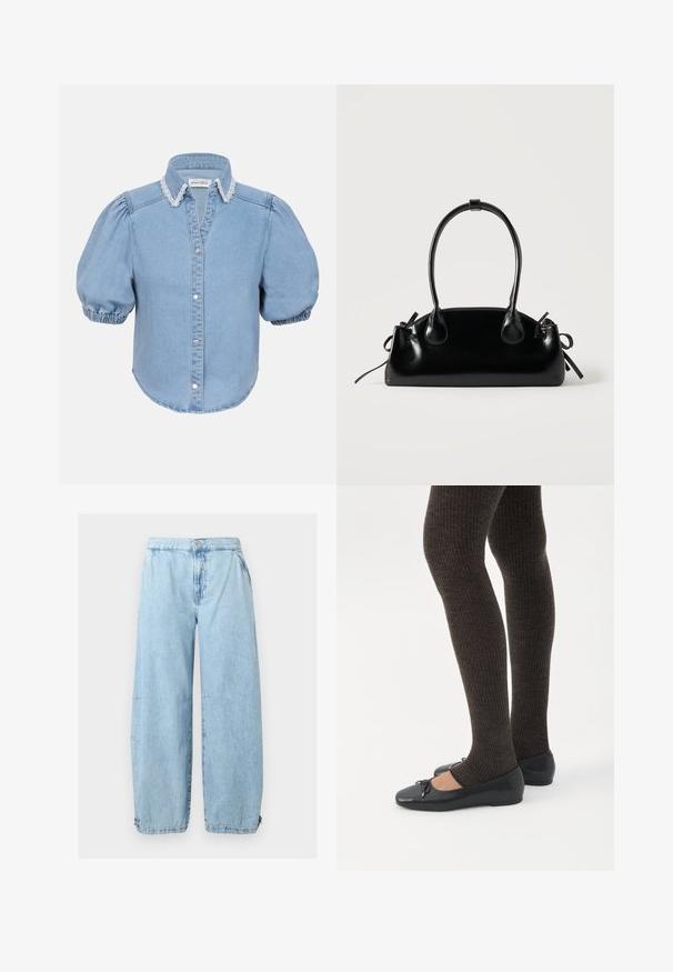 Lyseblå denim kortærmet skjorte med puffede ærmer, blondebesat krave og knaplukning foran. Blød tekstur med afrundet kant.; Lyseblå bukser med vidde i benene, lavet i denim, med knap- og lynlås lukning, sidelommer og justerbare snore ved anklerne.; Ben iført mørke ribbede leggings kombineret med sorte balletsko med små sløjfedetaljer på hvid baggrund.; Lille sort blank håndtaske med to lange håndtag og snøre-detaljer i siden på en ensfarvet lys baggrund.