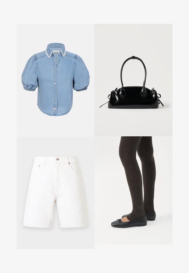 Camisa de mezclilla de color azul claro con manga corta y mangas abullonadas, cuello con encaje y botón en la parte delantera. Textura suave con dobladillo redondeado.; Shorts de mezclilla blanca con botón frontal, bragueta con cremallera, trabillas para cinturón y estilo de cinco bolsillos sobre un fondo claro liso.; Piernas con leggings oscuros acanalados combinados con bailarinas negras que presentan pequeños detalles de lazo sobre un fondo blanco.; Pequeño bolso negro brillante con dos asas largas y detalles de cordón lateral sobre un fondo claro liso.