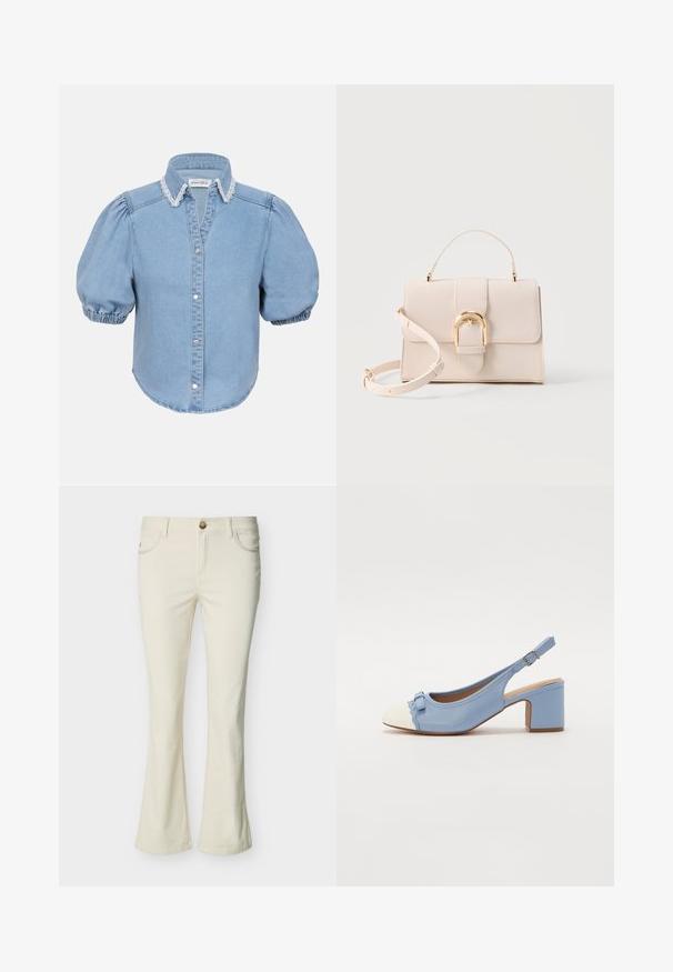 Hellblaues Denim-Hemd mit kurzen Ärmeln, puffierten Ärmeln, einem mit Spitze verzierten Kragen und durchgehender Knopfleiste. Weicher Stoff mit abgerundetem Saum.; Cremefarbene Damen-Bootcut-Jeans mit vorderem Knopf, Reißverschluss und Vordertaschen vor weißem Hintergrund.; Helles blaues Slingback-Schuhwerk mit geschlossener Zehe, weißer Kappe, einer dekorativen Schleife und einem klobigen Absatz. Glatte Textur mit gewelltem Detail.; Beige strukturierte Handtasche mit obere Trageschlaufe, abnehmbarem Schulterriemen und goldfarbenem, gebogenem Schnappverschluss vor hellem Hintergrund.