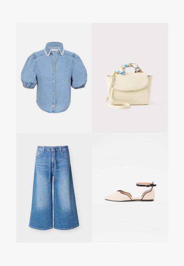 Lyseblå denim kortærmet skjorte med puffede ærmer, blondebesat krave og knaplukning foran. Blød tekstur med afrundet kant.; Mellemblå denimvidde-ben culottes med forlommer, bæltestropper og et selesnorbælte på en lys baggrund.; Flad ballerina i lys beige med spids tå, der har et buet udsnit og en sort ankelstrop. Glat overflade og minimalistisk stil.; Cremefarvet håndtaske med klaplukning, aftagelig skulderrem og snoet blå og cremefarvet blomstret stof viklet omkring det øverste håndtag.