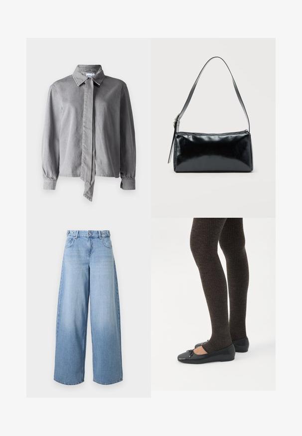 Camisa gris de cuello con un lazo en la parte delantera, hecha de una tela texturizada, con mangas largas, puños de botón y corte recto.; Jeans azul claro de tiro alto y pierna ancha con botón frontal, cremallera y cinco bolsillos sobre fondo blanco.; Piernas con leggings oscuros acanalados combinados con bailarinas negras que presentan pequeños detalles de lazo sobre un fondo blanco.; Bolso de hombro rectangular negro con una correa ajustable y un cierre de cremallera superior sobre un fondo liso.