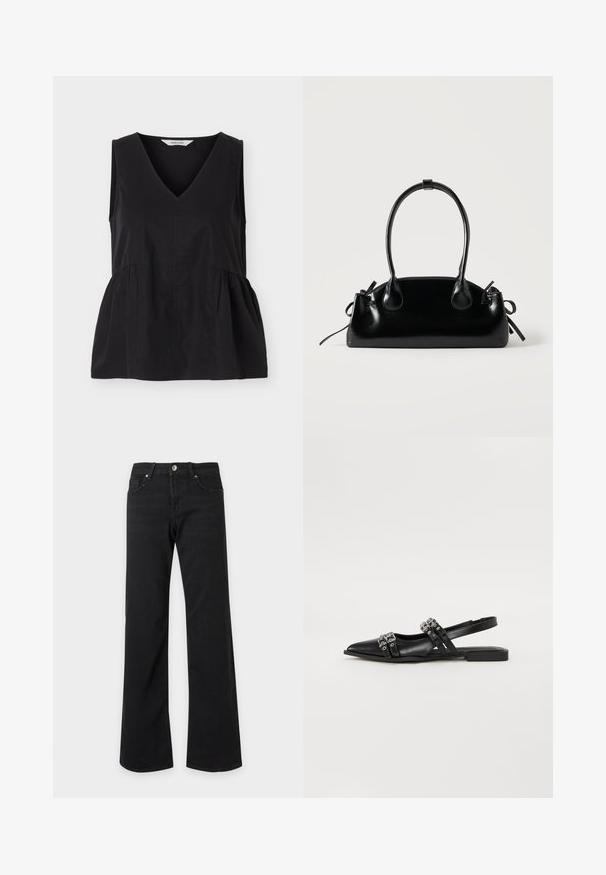 Haut noir sans manches avec col en V et coutures latérales froncées créant une forme légèrement évasée.; Jean noir taille haute avec jambes droites et larges, poches avant, passants de ceinture et fermeture par bouton métallique sur fond blanc.; Even&Odd by Zalando Ballerines à brides arrière - black; Petit sac à main noir brillant avec deux longues anses et des détails à cordon sur les côtés sur un fond clair uni.