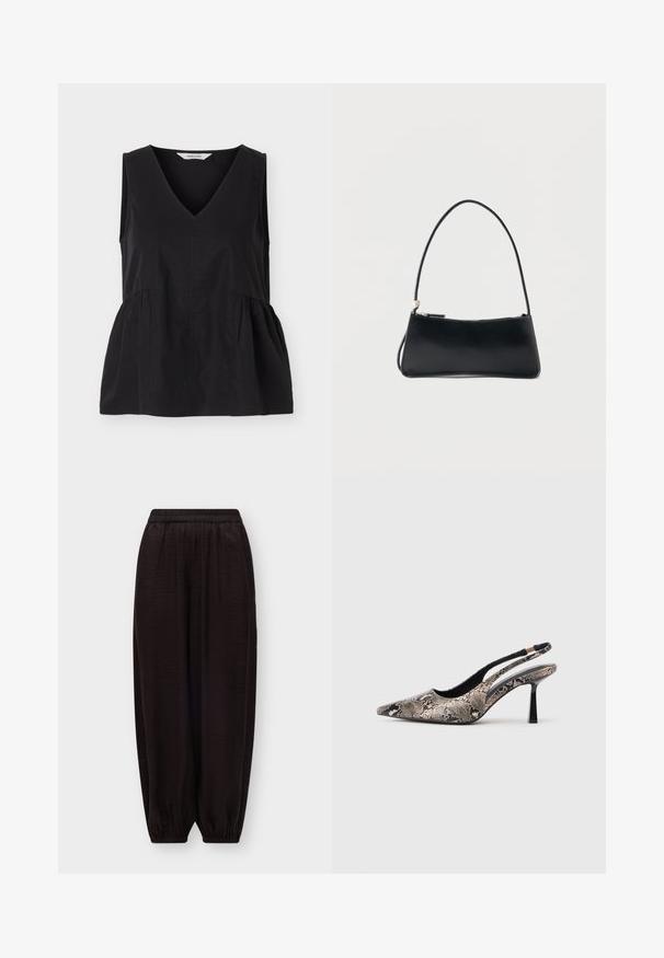 Haut noir sans manches avec col en V et coutures latérales froncées créant une forme légèrement évasée.; Pantalon noir ample avec taille élastique et poignets élastiques aux chevilles sur fond clair uni.; Chaussures slingback à bout pointu en matériau à imprimé serpent texturé, avec un talon noir fin et un design découpé sur les côtés.; Sac à main rectangulaire noir avec une fine bandoulière et fermeture éclair, présenté sur un fond blanc uni.