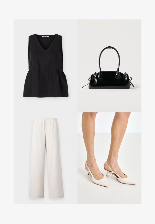 Haut noir sans manches avec col en V et coutures latérales froncées créant une forme légèrement évasée.; Pantalon beige crème coupe ample avec taille élastique et jambes larges droites, présenté sur fond blanc uni.; Escarpins à talon slingback en cuir verni beige avec un bout pointu et un talon de 5 cm, présentant des côtés découpés et une fine bride à la cheville.; Petit sac à main noir brillant avec deux longues anses et des détails à cordon sur les côtés sur un fond clair uni.