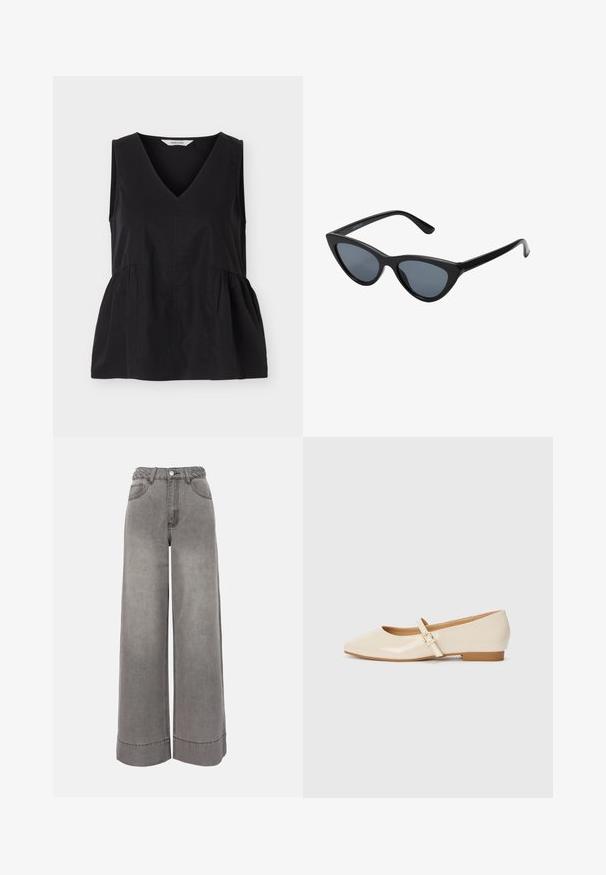 Haut noir sans manches avec col en V et coutures latérales froncées créant une forme légèrement évasée.; Pantalon large en jean gris taille haute avec ceinture tressée, poches avant, fermeture à boutons et ourlets retroussés.; Ballerines en cuir verni beige avec un embout carré, un petit talon et une bride ajustable à la cheville avec une boucle dorée.; Lunettes de soleil noires en forme d'œil de chat avec des verres gris foncé, monture en plastique élégante, coins pointus et branches droites. Pas de métal visible ni d'accents.
