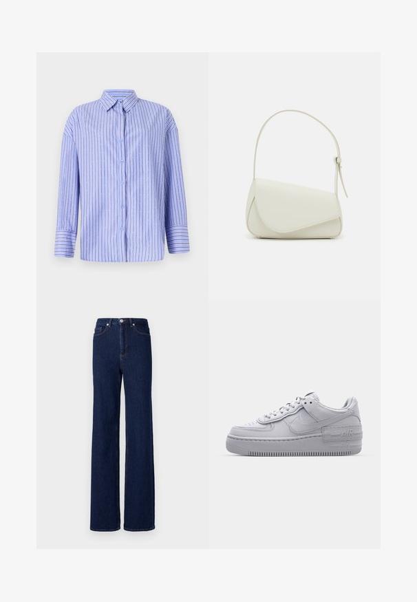 Camisa abotonada de color azul claro con rayas verticales y acentos de puntos. Presenta un cuello, mangas largas y un corte recto. Tejido suave.; Jeans de mezclilla azul oscuro con una cintura alta, corte de pierna ancha y diseño clásico de cinco bolsillos. Terminados con costuras en contraste y un botón de metal.; Zapatilla Nike Air Force 1 gris con puntera perforada, parte superior de cuero suave, suela gruesa y detalle en relieve 'AIR' en el talón.; Bolso de mano de imitación cuero blanco con una forma triangular estructurada, correa ajustable única y cierre con solapa acentuada en curva.