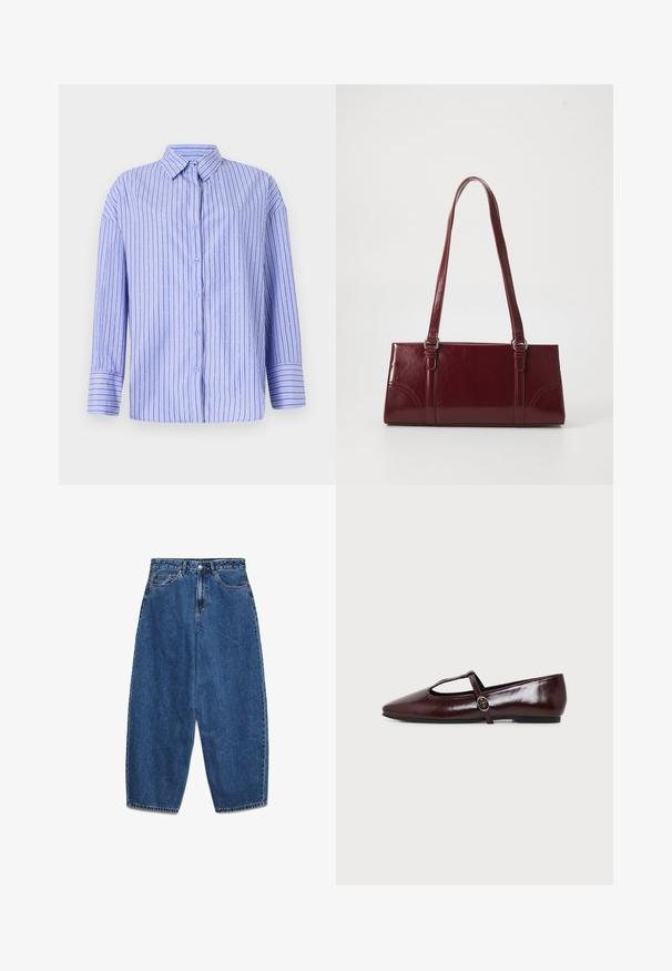 Lichtblauwe button-up shirt met verticale strepen en stippenaccenten. Heeft een kraag, lange mouwen en een rechte snit. Zachte stof.; Blauwe denim jeans met een hoge taille, een ontspannen pasvorm en rechte pijpen. Klassiek ontwerp met vijf zakken en een ritssluiting met knoop.; Donker bordeauxrode leren platte schoen met een puntige neus en een dunne T-strap met een zilveren gesp op een witte achtergrond.; Bourgondische handtas van glanzend materiaal, rechthoekige vorm, met twee schouderbanden en subtiele gebogen accenten aan de voorkant.