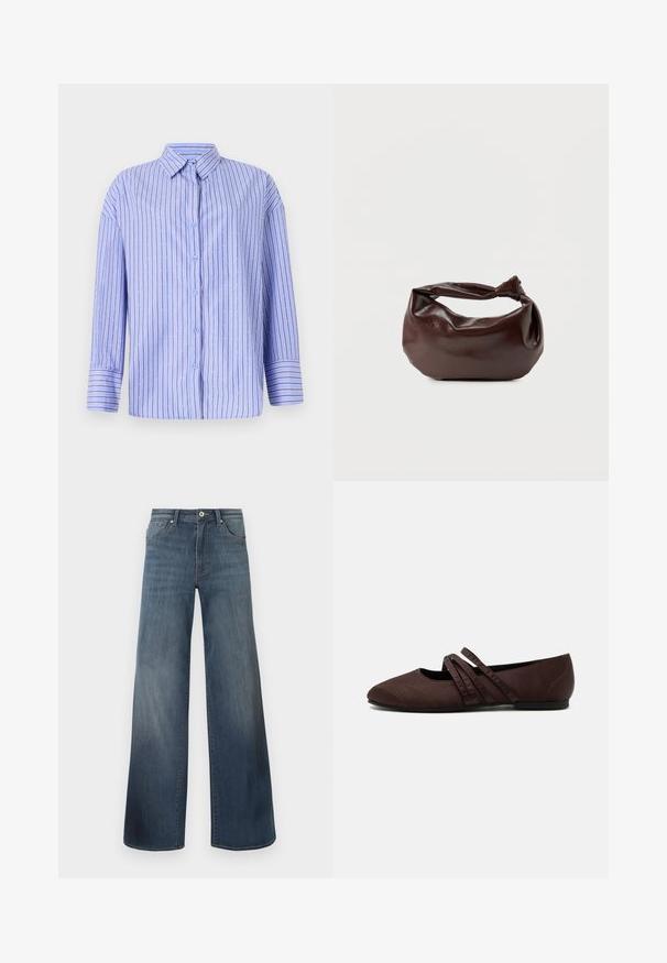 Lyseblå skjorte med knaptrykning, vertikale striber og prikkede detaljer. Har krave, lange ærmer og lige snit. Blødt materiale.; Bredde denim jeans i mørkeblå, med en slidteknik, knaplukning og fem-lomme stil. Glat tekstur, minimal syning detaljer.; Brun flad sko med spids tå og to tynde krydsende remme over vristen, synlige syningsdetaljer og en lav hæl.; Mørkebrun læder skuldertaske med en blød, afslappet form og et snoet knudehåndtag på en ensartet hvid baggrund.