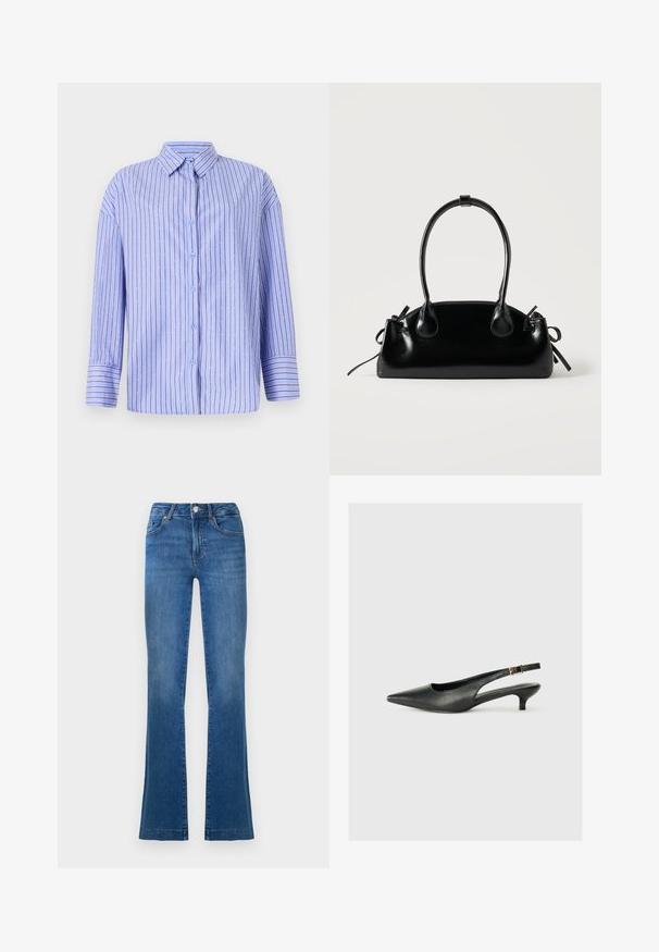 Lyseblå skjorte med knaptrykning, vertikale striber og prikkede detaljer. Har krave, lange ærmer og lige snit. Blødt materiale.; Blå flagrende jeans lavet af denim, med et klassisk fem-lomme design, en frontknaplukning, og let falmede områder på lårene.; Sorte spidse slingback-sko lavet af glat læder. Har en tynd hæl og en spænde detalje på den justerbare rem.; Lille sort blank håndtaske med to lange håndtag og snøre-detaljer i siden på en ensfarvet lys baggrund.