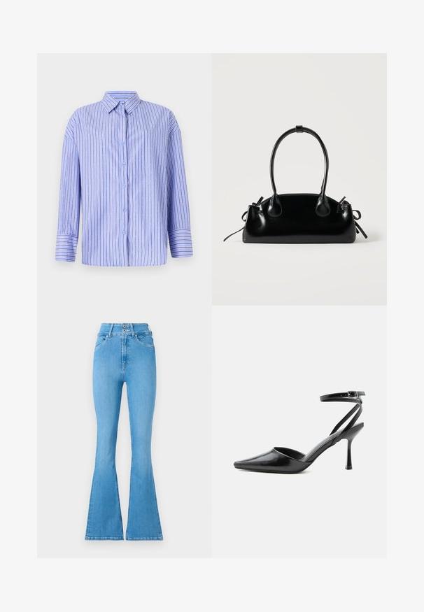 Camisa abotonada de color azul claro con rayas verticales y acentos de puntos. Presenta un cuello, mangas largas y un corte recto. Tejido suave.; Jeans de mezclilla azul claro de campana con cintura alta, que presentan un cierre de doble botón y detalles de costura sutiles. Textura suave en todo su diseño.; Zapato de tacón alto negro de punta fina con delgadas correas en el tobillo y cierre de hebilla plateada sobre un fondo liso claro.; Pequeño bolso negro brillante con dos asas largas y detalles de cordón lateral sobre un fondo claro liso.