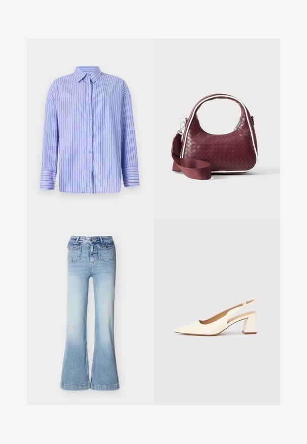 Lichtblauwe button-up shirt met verticale strepen en stippenaccenten. Heeft een kraag, lange mouwen en een rechte snit. Zachte stof.; Lichtblauwe high-waisted spijkerbroek met wijde pijpen, twee voorzakken met klep en knoopsluiting, en een knoop- en ritssluiting.; Slingback pump van glanzend crèmekleurig lakleer, met een spitse neus en een stevige blokhak voor stabiliteit. Minimalistisch ontwerp, zonder versieringen.; Donkerrode geweven leren handtas met gebogen handvat, witte bies, zilveren rits en afneembare brede stoffen schouderriem tegen een effen achtergrond.
