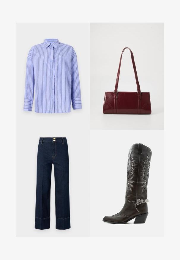 Lichtblauwe button-up shirt met verticale strepen en stippenaccenten. Heeft een kraag, lange mouwen en een rechte snit. Zachte stof.; Donkerblauwe hoge taille wijde jeans met dubbele gouden knopen en zichtbare oranje stiksels op een lichte achtergrond.; Zwarte leren cowboylaars met decoratieve uitsnijdingen, zilveren gesp en schuine hak, weergegeven op een witte achtergrond.; Bourgondische handtas van glanzend materiaal, rechthoekige vorm, met twee schouderbanden en subtiele gebogen accenten aan de voorkant.