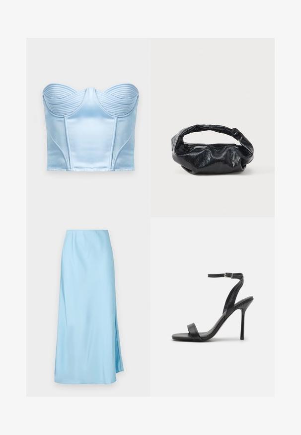 Haut de corset en satin bleu clair avec des détails nervurés structurés au niveau de l'encolure et des coutures verticales pour la silhouette. Texture lisse, design sans bretelles.; Jupe midi bleu clair avec une texture lisse, dotée d'une légère fente latérale et d'une ceinture élastique pour le confort et la facilité de port.; Sandale à talons hauts noire avec une fine sangle au niveau de la cheville et deux bandes à l'avant. Fabriquée en cuir lisse avec un bout pointu élégant et un talon aiguille.; Sac noir en matériau texturé et brillant avec une poignée circulaire torsadée et une fermeture éclair. Présente un design doux et froissé.