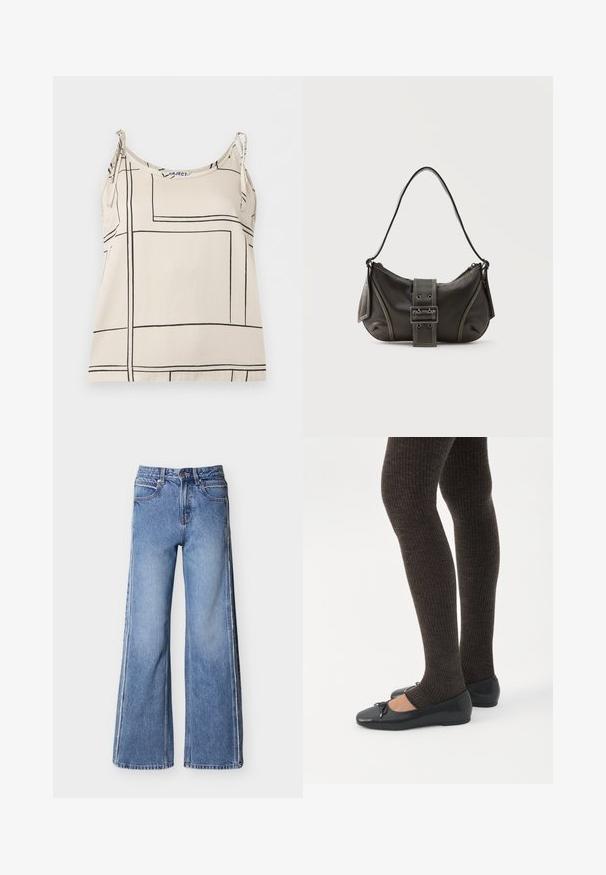 Haut sans manches de couleur crème avec fines bretelles aux épaules et motif de grille géométrique noire.; Jean bleu à jambes larges en denim, avec une taille haute, des coutures contrastées et une texture subtilement délavée.; Jambes portant des leggings côtelés foncés associés à des ballerines noires avec de petits détails en nœud sur fond blanc.; Sac à épaule en cuir noir avec une sangle à boucle, des bords arrondis et des coutures blanches contrastées sur un fond uni.
