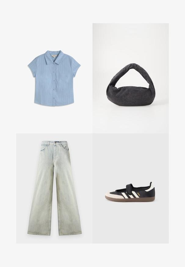 Chemise bleu clair à manches courtes avec des rayures verticales texturées et un col pointu, présentée à plat sur un fond blanc.; Jean en denim à taille haute, coupe large et lavage clair, doté de poches avant, passants pour ceinture et une fermeture par bouton brun à la taille.; Baskets noires et beiges avec une bride en velcro, trois bandes blanches sur le côté, et une semelle en caoutchouc marron texturée. Logo de la marque visible.; Sac en tissu gris foncé avec une anse courbée, texture douce et forme arrondie. Pas de matériel ou d'embellissements visibles.