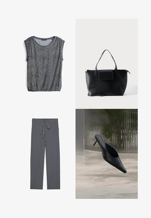 Korte mouw shirt in een geperforeerd zwart-wit mozaïekpatroon, met een relaxte pasvorm en een geplooide zoom voor extra vorm.; Grijze broek met fijne streepjes, een elastische tailleband, strikdetail en een losse pasvorm. Gemaakt van een gladde stof met verticale strepen.; Zwarte mule met puntige neus en dunne hoge hak, die boven een gladde betonnen vloer zweeft, met een wazige verticale gestreepte achtergrond.; Zwarte leren totebag met twee handvatten, een afneembare band, magnetische klepsluiting en een gladde textuur. Rits aan de bovenzijde en sierstiksels.