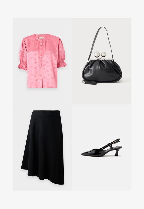 Roze bloempatronde blouse met een ronde halslijn, korte puffmouwen en knoopsluiting. Gemaakt van textiel met een subtiele glans.; Zwarte A-lijn rok van soepel materiaal, met een diagonale naaddetail en een vloeiende uitstraling die subtiel valt bij de zoom.; Zwarte lakleren slingback kitten heel schoen met spitse neus en verstelbare gouden gespsluiting op een witte achtergrond.; Zwarte leren handtas met een geplooid ontwerp, een enkele schouderband, zilverkleurige metalen omlijsting en twee grote ronde zilveren sluitingen.