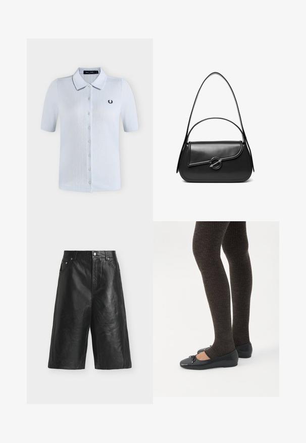 Polo blanc à manches courtes avec boutons, tissu texturé et petit logo laurier noir sur la poitrine gauche.; Shorts en cuir noir longueur genou avec bouton à l'avant, passants de ceinture, poches et coutures visibles sur un fond clair uni.; Jambes portant des leggings côtelés foncés associés à des ballerines noires avec de petits détails en nœud sur fond blanc.; Sac à bandoulière en cuir noir avec un rabat incurvé fermé par un fermoir métallique rond et une sangle fine et ajustable.