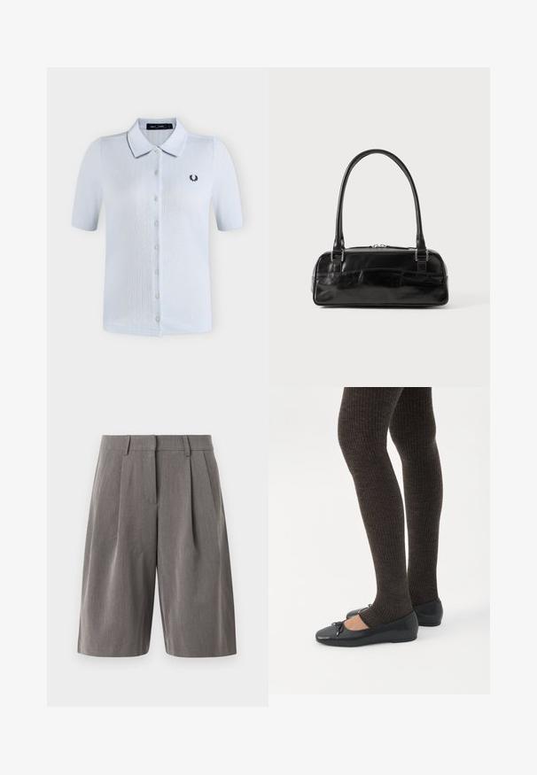 Polo blanc à manches courtes avec boutons, tissu texturé et petit logo laurier noir sur la poitrine gauche.; Shorts gris sur mesure à longueur genou, avec plis sur le devant et passants pour ceinture, fabriqués en tissu tissé lisse, présentés sur un fond uni.; Jambes portant des leggings côtelés foncés associés à des ballerines noires avec de petits détails en nœud sur fond blanc.; Sac à main en cuir noir de forme rectangulaire, doté d'une seule ansse structurée, de quincaillerie argentée et d'une fermeture éclair. Texture lisse.