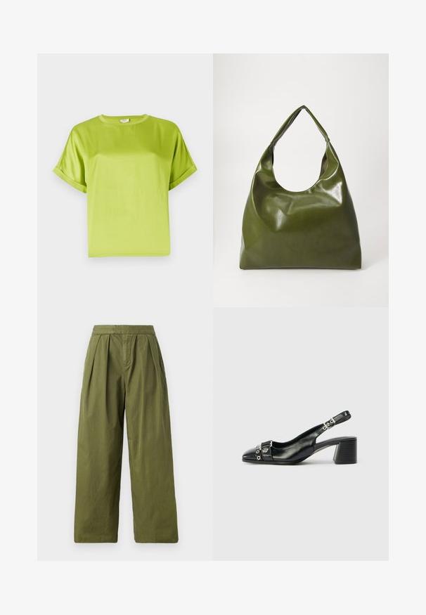 Haut vert vif à manches courtes avec un col rond. Tissu lisse et brillant avec une coupe décontractée. Manches retroussées et ourlet droit.; Pantalons larges en vert olive en tissu léger, avec des plis à la taille et une texture uniforme sans poches.; Sandale à talon en cuir noir avec un bout pointu, une sangle texturée ornée d'accents métalliques circulaires et un talon empilé.; Sac hobo en cuir vert au design décontracté, avec une poignée incurvée et une texture lisse. Ne contient aucun matériel ou accent visible.