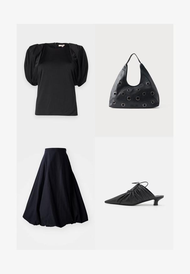 Sort kortærmet top med puffede skuldre, lavet af glat stof, med en rund halsudskæring og en lynlåslukning bagpå.; By Malene Birger AUBREY - Maxinederdele - black; Sorte læder slip-on mules med spids tå, samlet tekstur og en lille kitten heel. Har en snor-detalje ved åbningen.; Sort skuldertaske i læder med store cirkulære metaløjer jævnt fordelt over fronten og en enkelt strophåndtag.