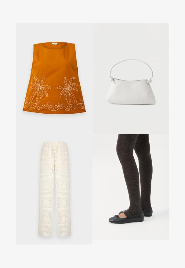 Orange ærmeløs top med hvid palmebroderi og bølgete mønstre ved kanten. Glat bomuldsstof, rund halsudskæring og afslappet pasform.; Hvide blondebukser med vide ben med geometriske og blomstrede udskæringsmønstre, elastisk taljebånd og halv-gennemsigtigt stof.; Ben iført mørke ribbede leggings kombineret med sorte balletsko med små sløjfedetaljer på hvid baggrund.; Hvid fletlæderhåndtaske med afrundet håndtag og ender på remmen, der er knyttet, vist mod en ensfarvet baggrund.