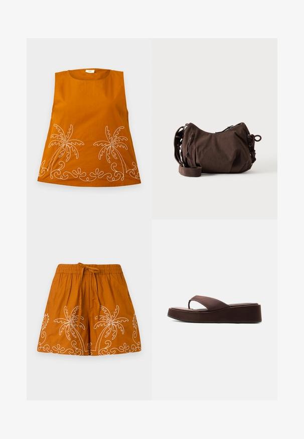 Top sin mangas naranja con bordado de palmeras blancas y patrones ondulados en el dobladillo. Tejido de algodón suave, escote redondeado y corte holgado.; Falda de algodón naranja con cinturilla elástica, que presenta diseños bordados en blanco de palmeras y patrones decorativos en espiral a lo largo del dobladillo.; Sandalia tipo flip-flop con plataforma marrón, suela gruesa y una tira ancha sobre los dedos, sobre fondo blanco liso.; Bolso bandolera de pana marrón con correa ajustable, cierre de cremallera y detalles laterales con cordón sobre fondo blanco.