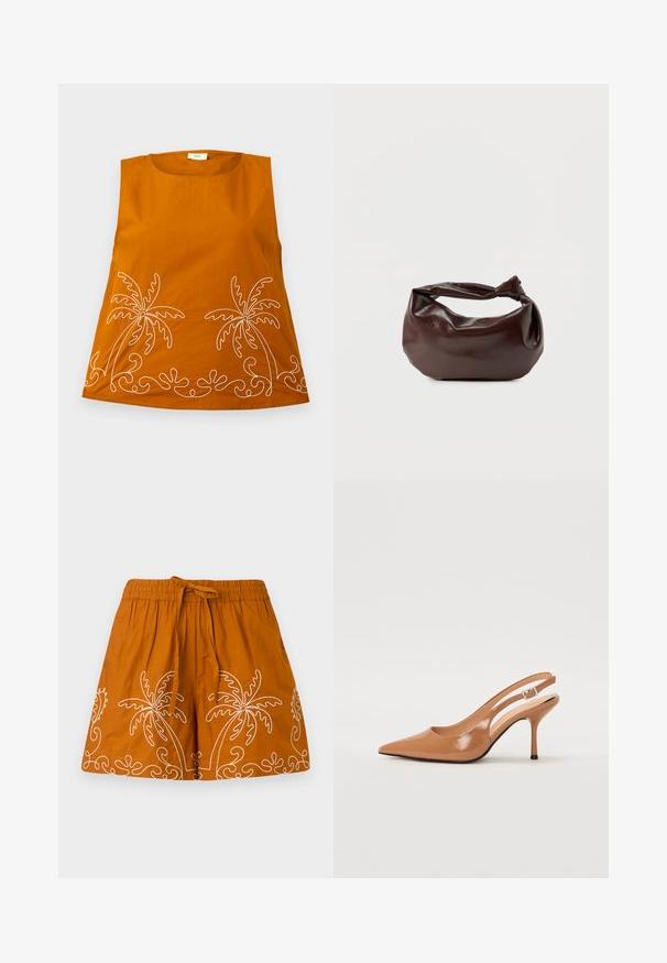 Oranje mouwloze top met witte palmboom borduursels en golvende patronen aan de zoom. Glad katoen, ronde halslijn en een relaxed fit.; Oranje katoenen rok met een elastische tailleband, voorzien van witte geborduurde palmbomen en decoratieve spiraalpatronen langs de zoom.; Puntige slingback hak in een glad, glanzend beige materiaal. Bevat een gebogen uitsnijdontwerp en een slanke stiletto hak. Zilveren gesp detail.; Donkerbruine leren schoudertas met een zachte, slungelige vorm en een gedraaide knoopvormige handgreep op een effen witte achtergrond.