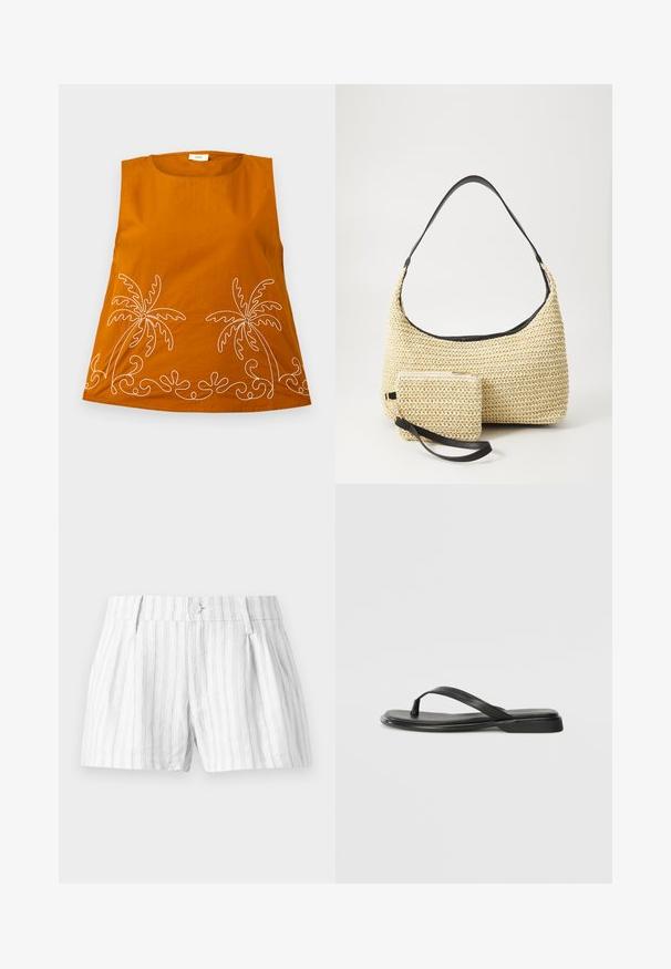 Oranje mouwloze top met witte palmboom borduursels en golvende patronen aan de zoom. Glad katoen, ronde halslijn en een relaxed fit.; Witte katoenen shorts met lichtgrijze verticale strepen, voorzien van een knoopsluiting, plooien en zijzakken. Eenvoudig en casual ontwerp.; Zwarte teenflip-flop van glad leer, met een dunne band en een platte zool met een minimalistisch profiel. Geen opvallende patronen of accenten.; Geweven strohandtas met een gebogen silhouet, voorzien van een soepele zwarte leren schouderband en een bijpassend klein zakje dat is bevestigd met een polsband.