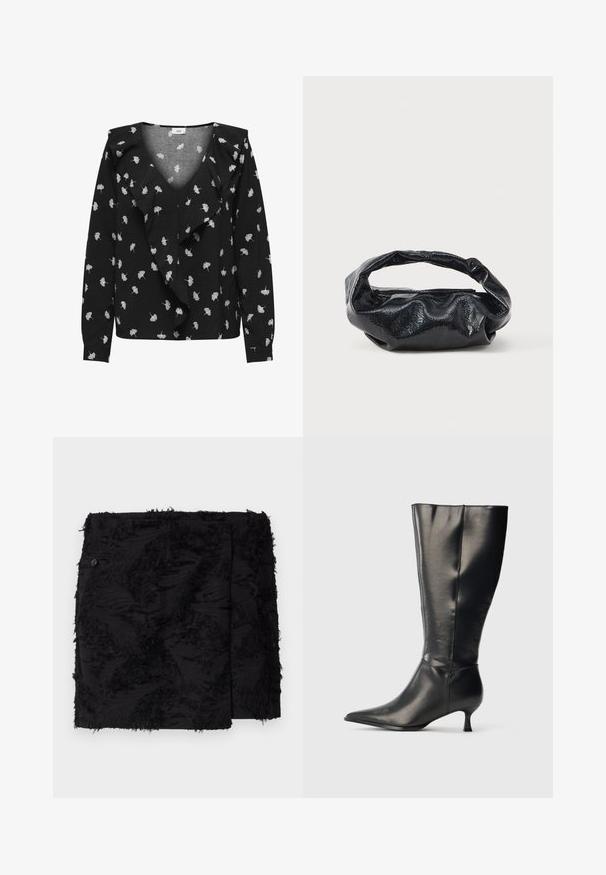 Blusa negra con escote en V, con patrones de hojas blancas y un delantero con volantes. Manga larga y puños. Hecha de una tela suave.; Falda negra con tejido texturizado que presenta acentos deshilachados. Forma cuadrada, longitud por encima de la rodilla y detalle de botón lateral.; Bota negra de cuero hasta la rodilla, con punta afilada y tacón bajo tipo kitten, mostrada sobre un fondo claro y sencillo.; Bolso negro hecho de un material brillante y texturizado con un asa circular retorcida y un cierre de cremallera. Presenta un diseño suave y arrugado.