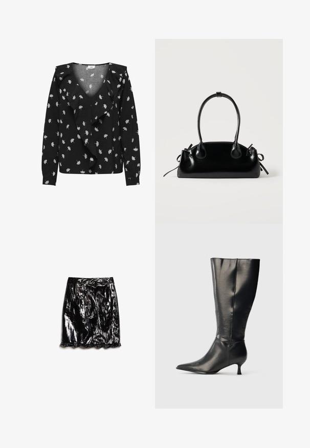 Blusa negra con escote en V, con patrones de hojas blancas y un delantero con volantes. Manga larga y puños. Hecha de una tela suave.; Minifalda negra y brillante, hecha de un material brillante; cuenta con un dobladillo con volantes y un diseño plisado para añadir textura y detalle.; Bota negra de cuero hasta la rodilla, con punta afilada y tacón bajo tipo kitten, mostrada sobre un fondo claro y sencillo.; Pequeño bolso negro brillante con dos asas largas y detalles de cordón lateral sobre un fondo claro liso.