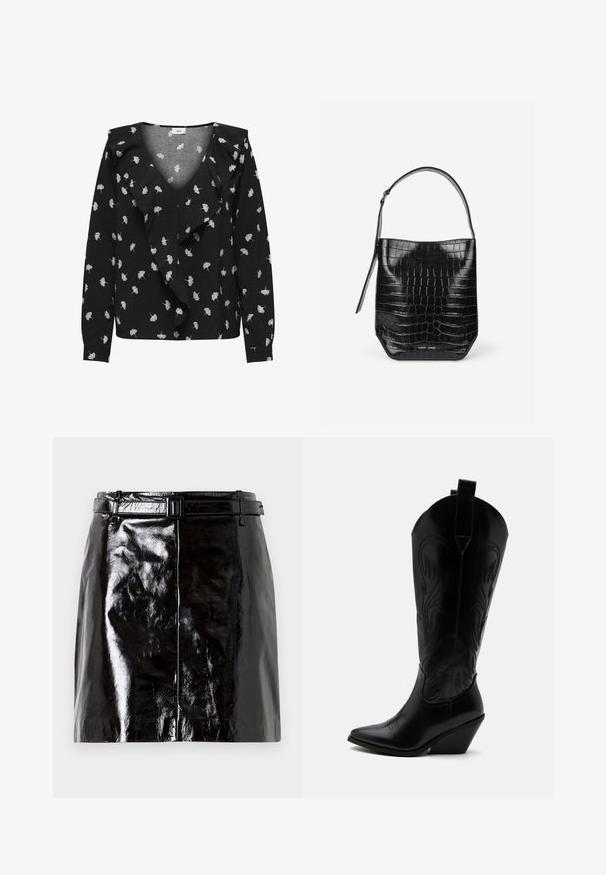 Blusa negra con escote en V, con patrones de hojas blancas y un delantero con volantes. Manga larga y puños. Hecha de una tela suave.; Mini falda de cuero negro brillante con un cinturón a juego y detalles de costura central.; Bota de vaquero de cuero negro con punta puntiaguda, tacón bloqueado inclinado, costuras decorativas y lengüetas en la parte superior sobre fondo blanco.; Bolso tipo saco de piel negra con relieve de cocodrilo, con una sola correa para el hombro y un pequeño logo de la marca en plata en el centro inferior frontal.