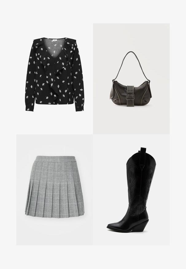 Blusa negra con escote en V, con patrones de hojas blancas y un delantero con volantes. Manga larga y puños. Hecha de una tela suave.; Falda plisada en tela gris con un patrón de cuadros. Presenta una pretina ajustada y múltiples pliegues verticales para un aspecto estructurado.; Bota de vaquero de cuero negro con punta puntiaguda, tacón bloqueado inclinado, costuras decorativas y lengüetas en la parte superior sobre fondo blanco.; Bolso de hombro de cuero negro con detalle de correa con hebilla, bordes curvos y costuras blancas en contraste sobre un fondo liso.