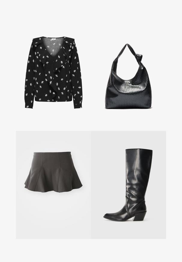 Blusa negra con escote en V, con patrones de hojas blancas y un delantero con volantes. Manga larga y puños. Hecha de una tela suave.; Falda negra acampanada con una cintura ajustada, que presenta costuras verticales y una textura suave. El dobladillo es ligeramente curvado y queda por encima del muslo.; Bota de cuero negra hasta la rodilla con punta afilada, tacón angular y textura suave. Presenta un sutil acento de costura a lo largo del costado.; Bolso de cuero trenzado negro con un diseño relajado, que presenta una correa anudada y un pequeño tachuela dorada decorativa en la parte superior.