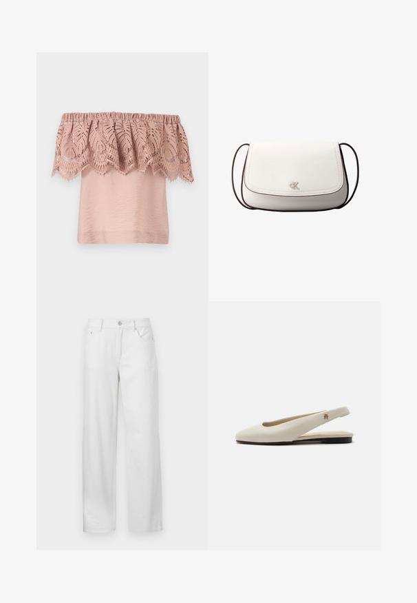 Off-the-shoulder τοπ σε ανοιχτό ροζ χρώμα με υφασμάτινο κορσάζ και δαντελένια επένδυση που διαθέτει περίπλοκα σχέδια φύλλων και κυμματιστές άκρες.; Λευκά τζιν παντελόνια με χαλαρή εφαρμογή, διαθέτουν κούμπωμα με κουμπί και φερμουάρ, θηλιές για ζώνη και παραδοσιακό σχέδιο πέντε τσεπων.; Κρεμ δερμάτινο φλατ παπούτσι slingback με στρογγυλεμένη μύτη και μικρό χρυσό έμβλημα στο λουράκι.; Λευκή τσάντα χιαστί με κλείσιμο με καπάκι, μικρό ασημί λογότυπο "cK" στο κέντρο και λεπτό, σκούρο καφέ ρυθμιζόμενο λουράκι.