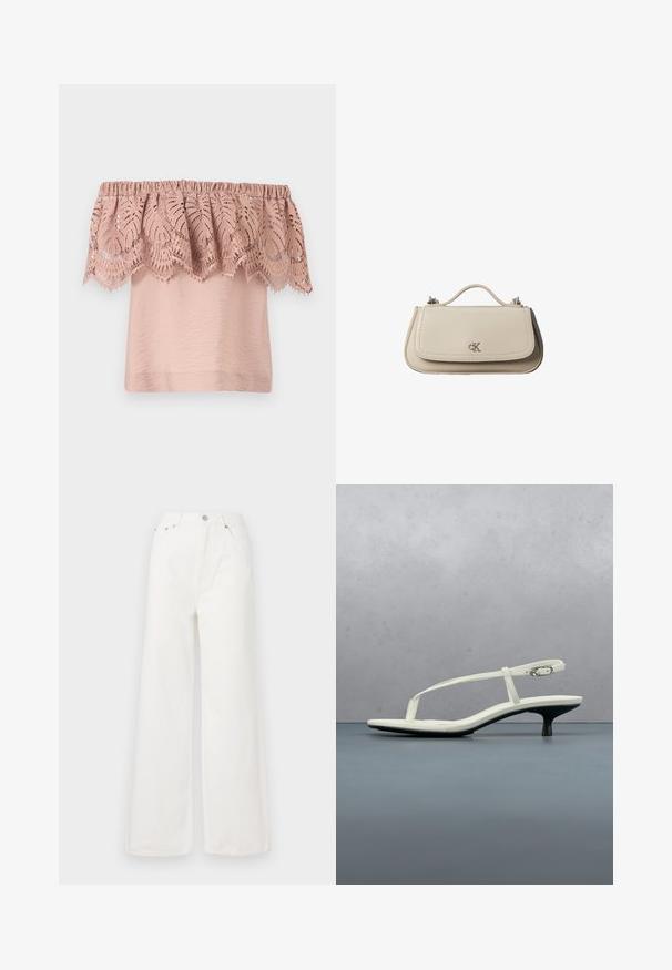 Off-the-shoulder τοπ σε ανοιχτό ροζ χρώμα με υφασμάτινο κορσάζ και δαντελένια επένδυση που διαθέτει περίπλοκα σχέδια φύλλων και κυμματιστές άκρες.; Λευκά ψηλόμεσα τζιν με φαρδιά πόδια, κατασκευασμένα από υλικό τζιν. Διαθέτουν μπροστινές τσέπες, κλείσιμο με κουμπί και λεπτομέρειες με φθαρμένο στρίφωμα.; Λευκό σανδάλι με λουράκια και τακούνι kitten, με μυτερή μύτη, αιωρούμενο πάνω από ξύλινο πλακάκι σε εξωτερικό χώρο με θολό φόντο από φυτό και τοίχο.; Μικρή μπεζ δερμάτινη τσάντα χειρός με επάνω λαβή και ασημένιο λογότυπο CK στη μπροστινή πτερύγιο, εμφανίζεται σε λευκό φόντο.