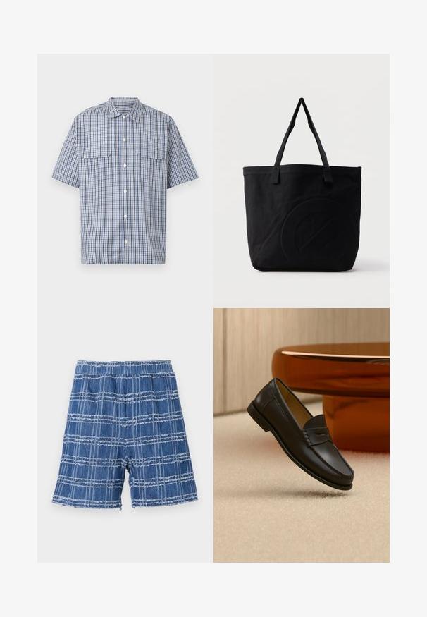 Chemise à manches courtes avec boutons, motif à carreaux bleu, blanc et noir, et deux poches à rabat sur la poitrine, sur fond blanc.; Shorts en denim avec un ourlet effiloché, présentant un motif à carreaux bleus. Taille élastique, coupe droite et texture douce.; Chaussure mocassin en cuir noir suspendue au-dessus d’un tapis beige avec du mobilier moderne couleur ambre en arrière-plan.; Sac fourre-tout en toile noire avec deux bandoulières et un motif circulaire discret en relief sur le devant.