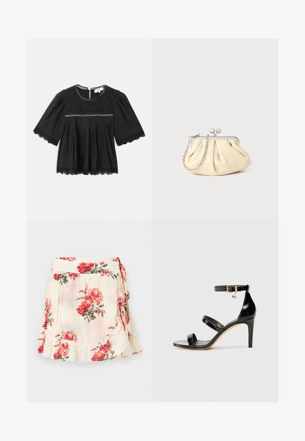 Blusa negra de manga corta con borde de encaje en las mangas y eldo, yugo bordado, parte delantera con pliegues y detalle de cadena a lo largo del escote y el pecho.; Falda cruzada color crema con estampado floral rojo y bordes con volantes, que presenta hojas verdes y cierre con lazo lateral.; Sandalia de charol negro con tres correas, hebilla en el tobillo y tacón de aguja de 10 cm. Presenta detalles de hardware en oro y un charm con el logo.; Clutch de cuero beige plisado con un marco de metal plateado, que cuenta con dos broches decorativos redondos y una correa de cadena plateada.