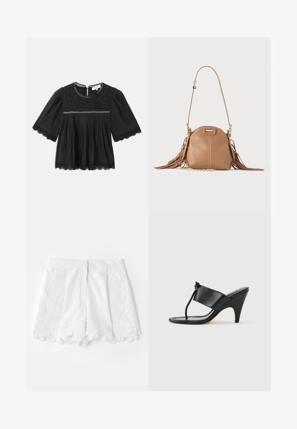 Sort kortærmet bluse med blonder på ærmerne og kanten, broderet bærestykke, plisseret fortil og kædedetalje langs halsudskæring og bryst.; Hvide shorts med et tekstureret broderet design langs siderne og en scallop-kant. Glat stof med dekorative perleaccenter.; Sort højhælet sandal med bred frontrem og en tåsløjfe med en knyttet snordetalje, vist i profil på hvid baggrund.; Lille tanfarvet læder skuldertaske med lang rem, guldkæde detalje og frynser på begge sider mod en neutral baggrund.