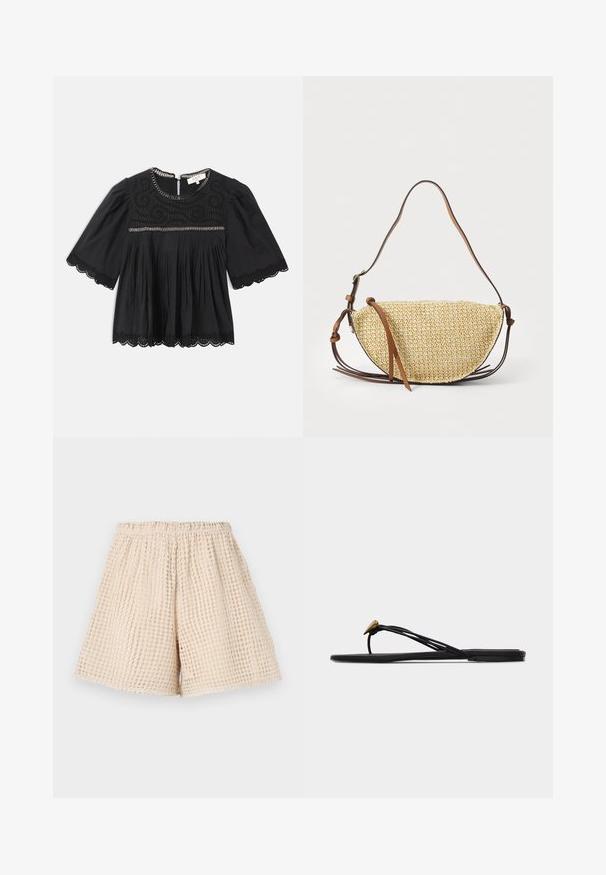Schwarze kurzärmlige Bluse mit Spitzenbesatz an den Ärmeln und dem Saum, bestickter Passe, gefälteltem Vorderteil und Kettendetail entlang des Ausschnitts und der Brust.; Beige Shorts mit einem strukturierten, waffelartigen Muster. Elastischer Bund und lockere Passform. Mittellange Beine, bis zur Mitte des Oberschenkels. Leichtes Material.; Schwarze flache Zehensandale mit mehreren dünnen Riemen und einer kleinen goldenen, tropfenförmigen Verzierung am vorderen Riemen.; Geflochtene Strohtasche in Halbmondform, mit einem braunen Ledertrageriemen und Akzenten. Strukturierte, natürliche Farbe mit glatten Kanten.